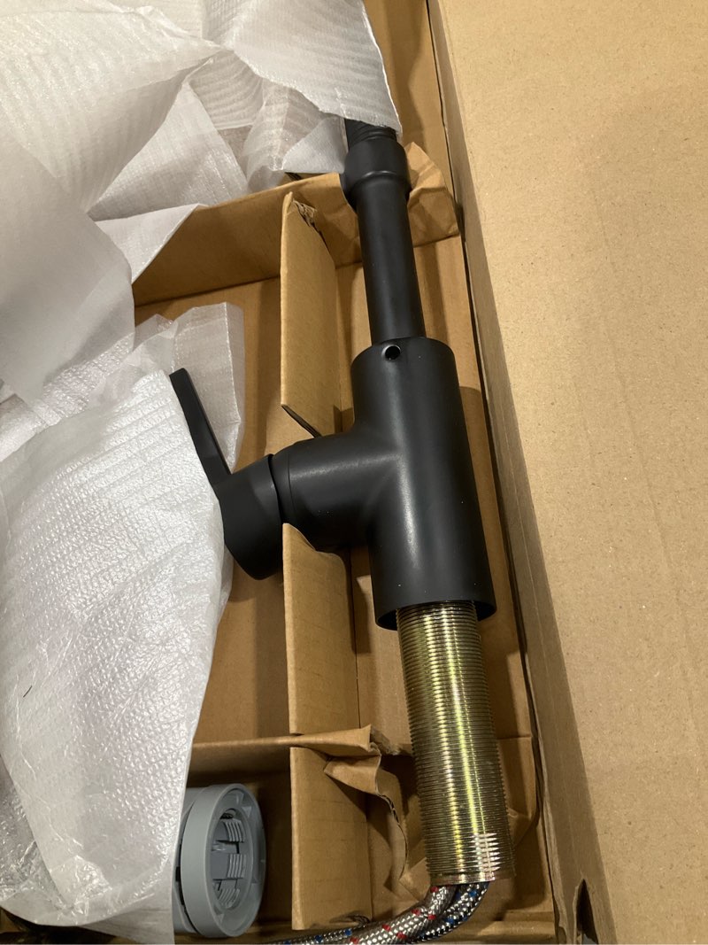 Condition photo showing As Is for project source flynt matte black 1-handle deck-mount pull-down handle kitchen faucet (deck plate included)