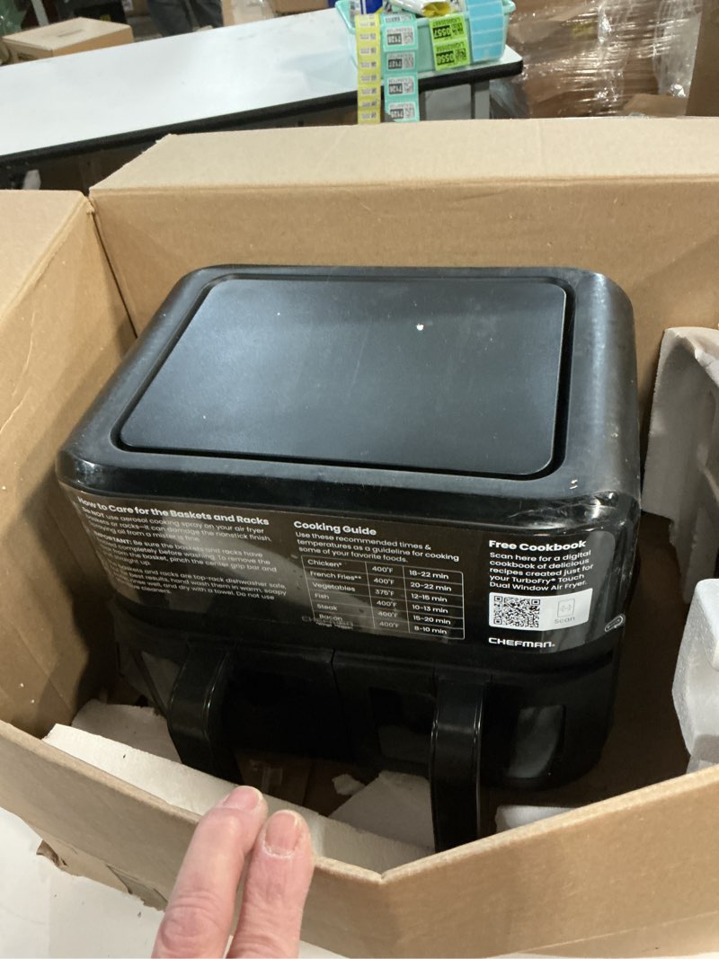 chefman turbofry touch dual air fryer, maximize the healthiest meals with double basket capacity, one-touch digital controls and shake reminder for the perfect crispy and low-calorie finish