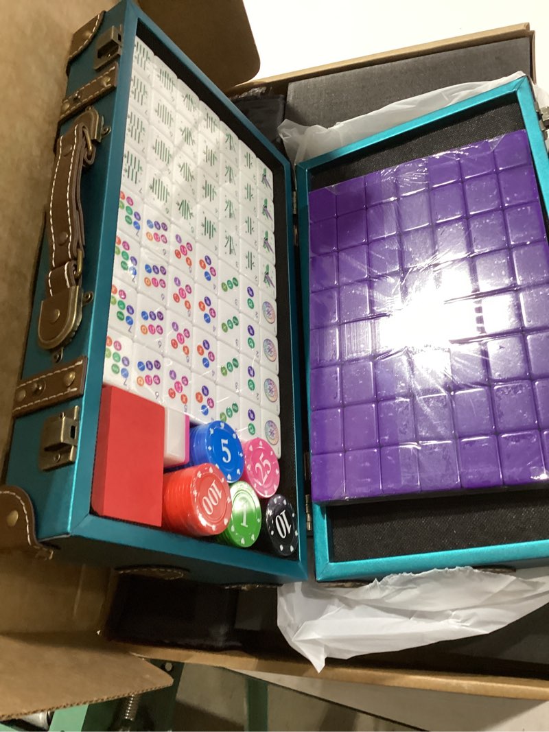 Condition photo showing Good Condition for american mahjong tile set – 160 acrylic tiles with 4 all-in-one mahjong tile racks & pushers, 12 zodiac designs, 4-layer colors, 100 chips, 3 golden dice, vintage leather portable case