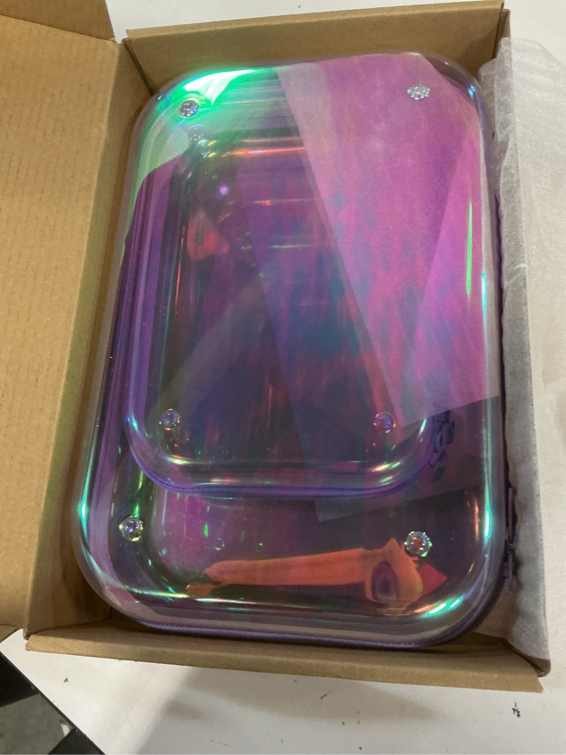 Condition photo showing New/Like New for clear hard shell zipper case, 2 pack tsa-approved travel toiletry bag, waterproof cosmetic bag, clear diaper bag, hair tool organizer, toy storage bin,travel essential purple