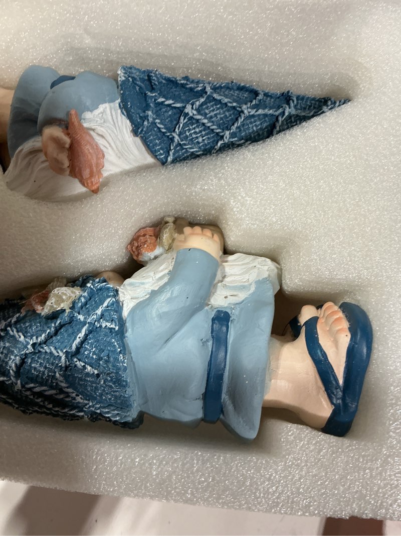Condition photo showing New/Like New for liffy garden gnomes statues outdoor funny garden decor indoor resin beach gnome sculpture ocean gnomes for beach, patio, lawn, yard, porch, bookshelf gifts (blue and white)
