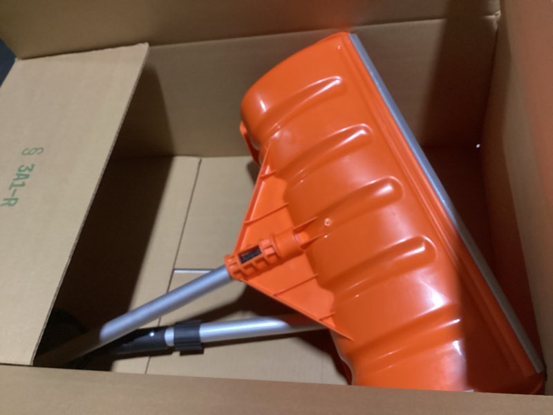 Condition photo showing Good Condition for Snow Pusher, 24-inch Wide Snow Shovel for Driveway, Snow Removal Tool for Car Garage, Sidewalks and Doorways, Snow Pusher Shovel with Ergonomic Grip and Aluminum Strip, Orange