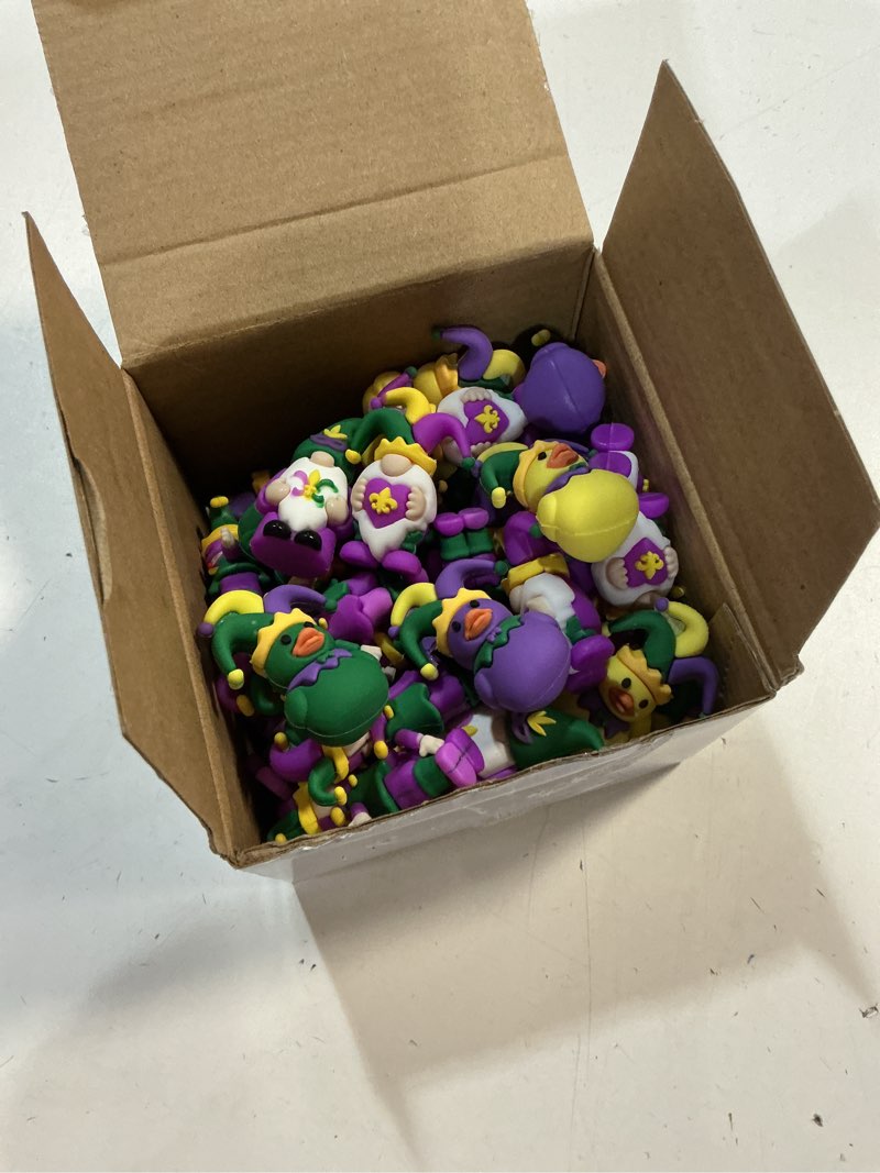 Condition photo showing New/Like New for Halloscume 50 Pcs Mardi Gras Mini Gnomes Figurines Decorations Small Rubber Gnomes Figurines Purple (mixed variety similar to stock photo)