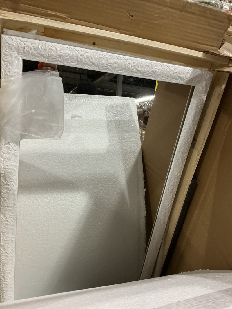 Condition photo showing As Is for FANYUSHOW Wall Mounted Full Length Mirror, 50" x14" Tempered Glass Full Body Mirror with Engraving Frame for Bedroom, Living Room,White