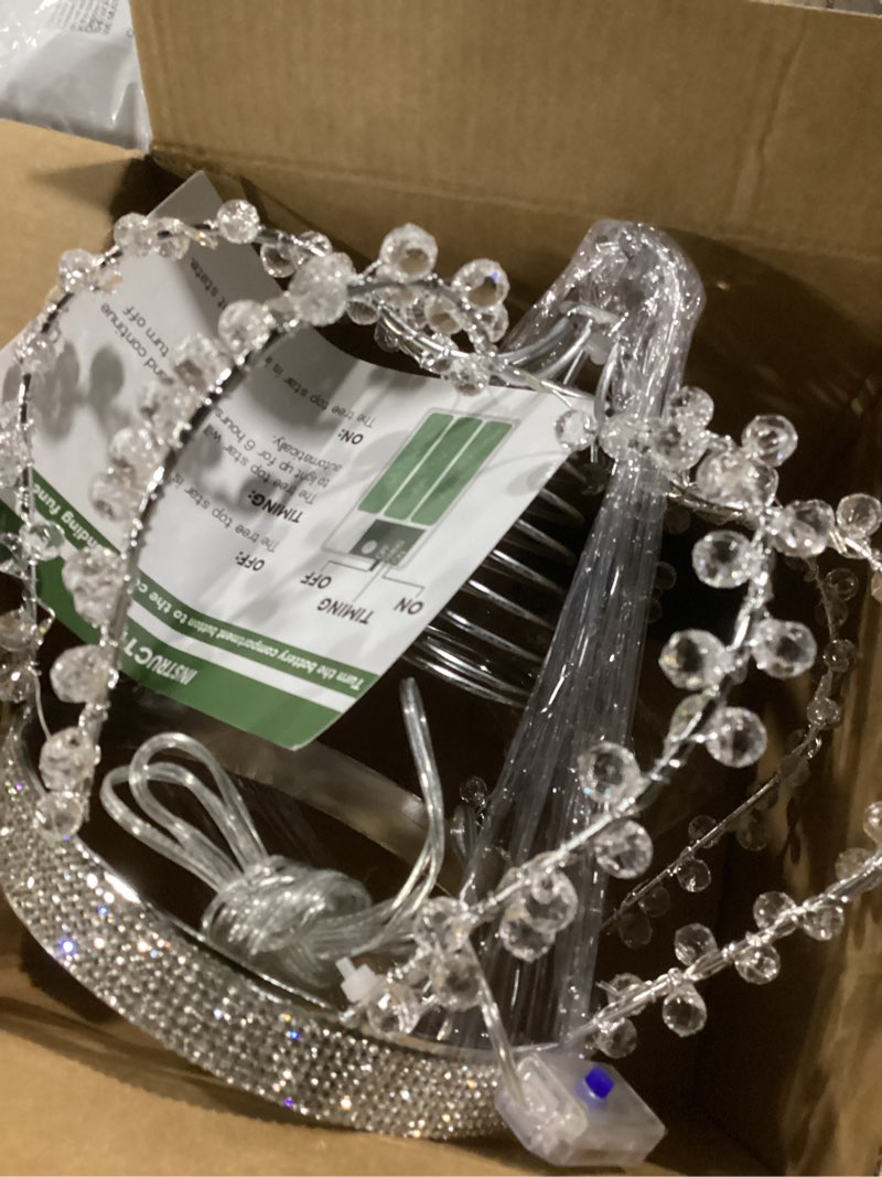 Condition photo showing Good Condition for LAWOHO Christmas Tree Topper Star, Jeweled Crown with 60 Warm White LED USB Lighted Tree Topper, Xmas Tree Decor with Remote Control 8 Lighting Mode, Timer, Dimmer for Christmas Tree Ornament?Silver?