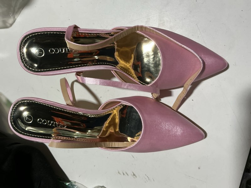 Condition photo showing Good Condition for coutgo womens kitten heels closed pointed toe heart heel ankle strap satin pumps wedding prom dress valentine shoes pink 7