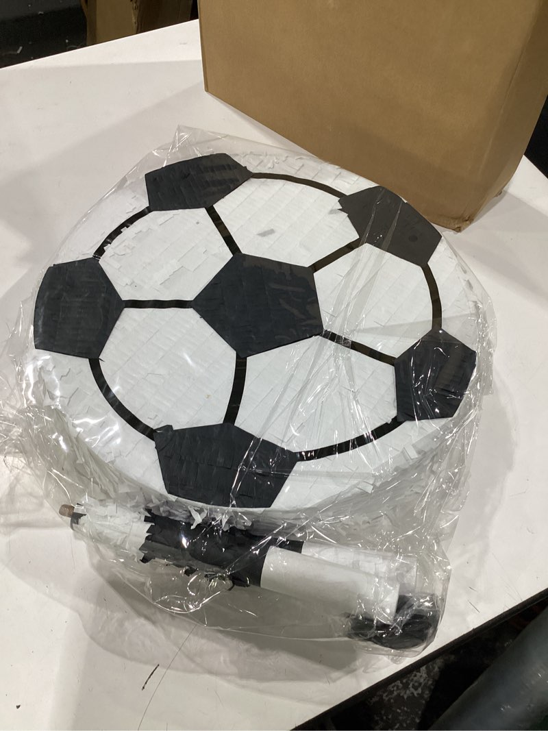 Condition photo showing New/Like New for soccer piñata – includes wooden stick, blindfold, and confetti – 13"x13"x3" – perfect for sports party decorations and soccer pinatas for birthday party