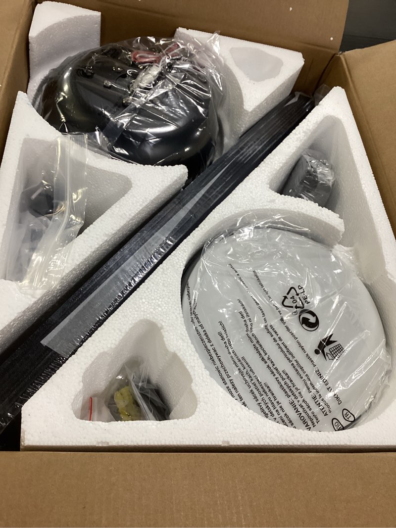 Condition photo showing New/Like New for KNUN Ceiling Fans with Lights?52'' Flush Mount Ceiling Fan with Light and Remote/APP Control, 3CCT Dimmable, DC Motor, Low Profile Ceiling Fan for Living Room, Bedroom, Indoor/Outdoor Use?Black? Black Five Blades