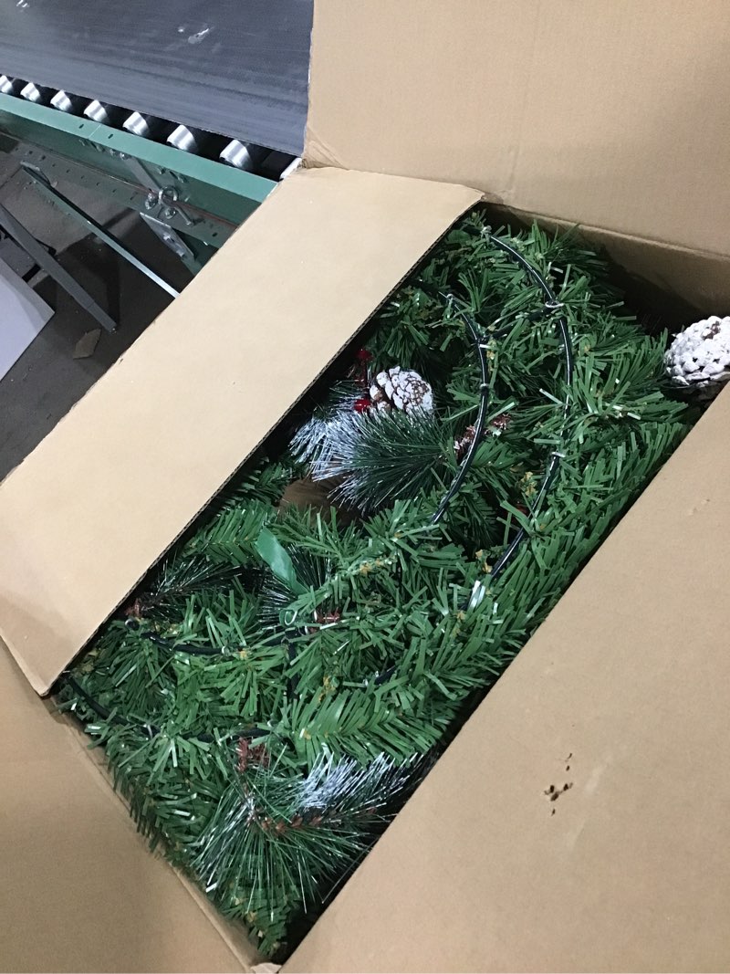 Condition photo showing Good Condition for 24 inch pre-lit artificial christmas wreath for front door, christmas door decorations wreath with led warm lights, balls, pine needles, and red berries wall windows ornament