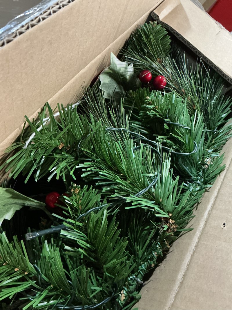 Condition photo showing New/Like New for 24 inch prelit christmas wreath for front door, battery operated led christmas wreath with pine needles branches hari leaves red berry pine cones, lighted wreath wall windows decoration h6802a-03