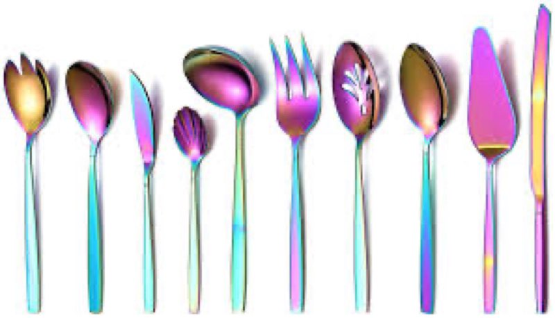 Berglander Gold Serving Utensils 10 Pieces, Titanium Golden Plating Serving Spoons, Included Cake Knife Cake Server Serving Forks Sugar Spoon Salad Spoon Forks Butter Knife Gravy Ladle ect. A. Gold