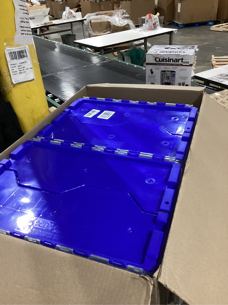 Condition photo showing As Is for Akro-Mils KeepBox 12 Gallon Storage Container, Nesting and Stackable Plastic Storage Box with Lid Attached, Clear Tote for Garages, Closets, and Moving, 21-1/2" x 15" x 12-1/2", Clear/Blue Clear/Blue 12 Gallons 1-Pack