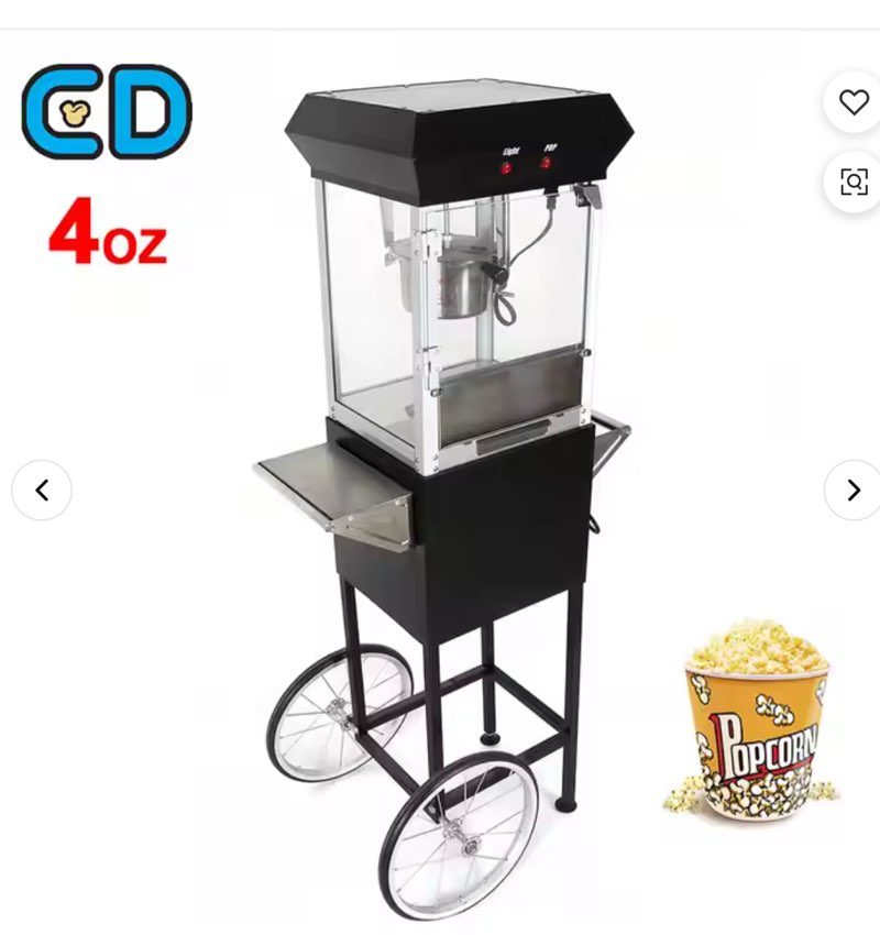 (Incomplete Set) Classic Pop Corn Trolley Popcorn Maker Machine Black Pop Corn Machines 4 Oz Popcorn Maker Popper Cart on Wheels 