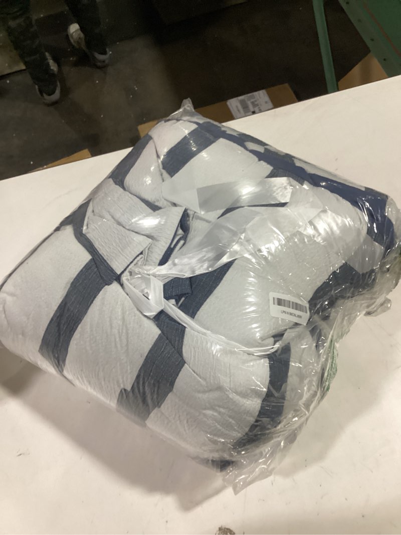 Condition photo showing Good Condition for Madison Park Essentials Striped Comforter Set Queen Size, Yarn-Dyed Reversible Comforter with Minimalist Stripes, Crinkled Texture Bedding Set for All-Season Lightweight Warmth, Merritt Blue Full/Queen Blue