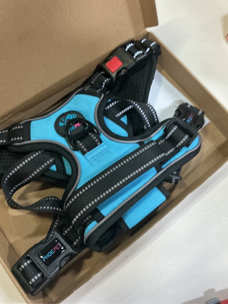 Condition photo showing New/Like New for phoepet reflective dog harness large breed adjustable no pull vest with handle 2 metal rings 3 buckles [easy to put on & take off](l, blue) large blue