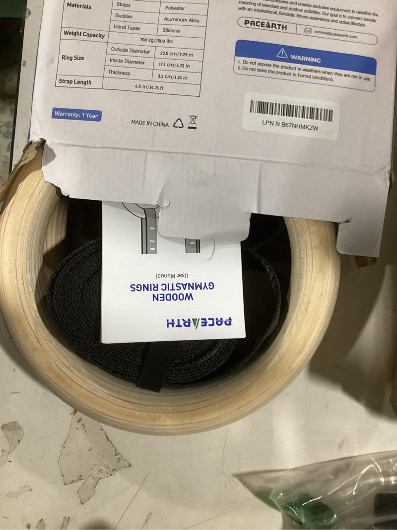 Condition photo showing Good Condition for pacearth gymnastics rings wooden olympic rings 1500/1000lbs with adjustable cam buckle 14.76ft/9ft long straps with scale non-slip gym rings for home gym full body workout 1.25" (32mm) rings & straps