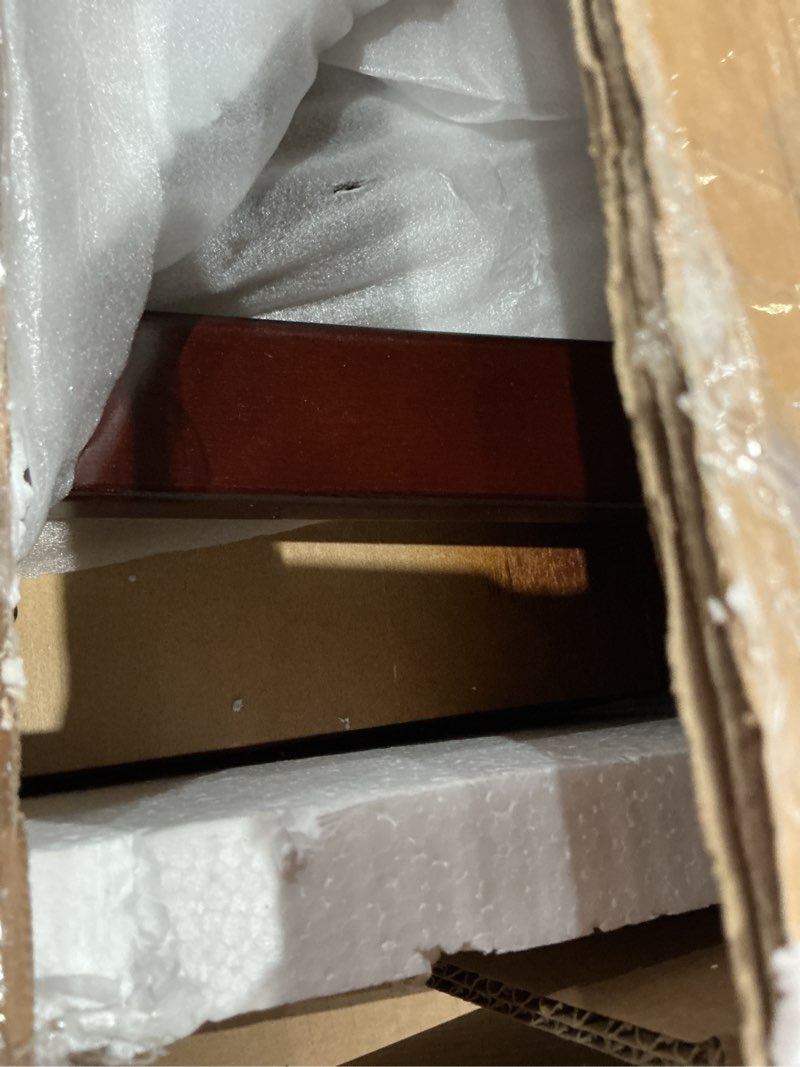 Condition photo showing As Is for dog ramp for bed or couch, wooden pet ramp with 20° gentle slope, removable side rails, non-slip surface, top platform & wheels, safe bed ramp for small, large & senior dogs, 74\" long, mahogany