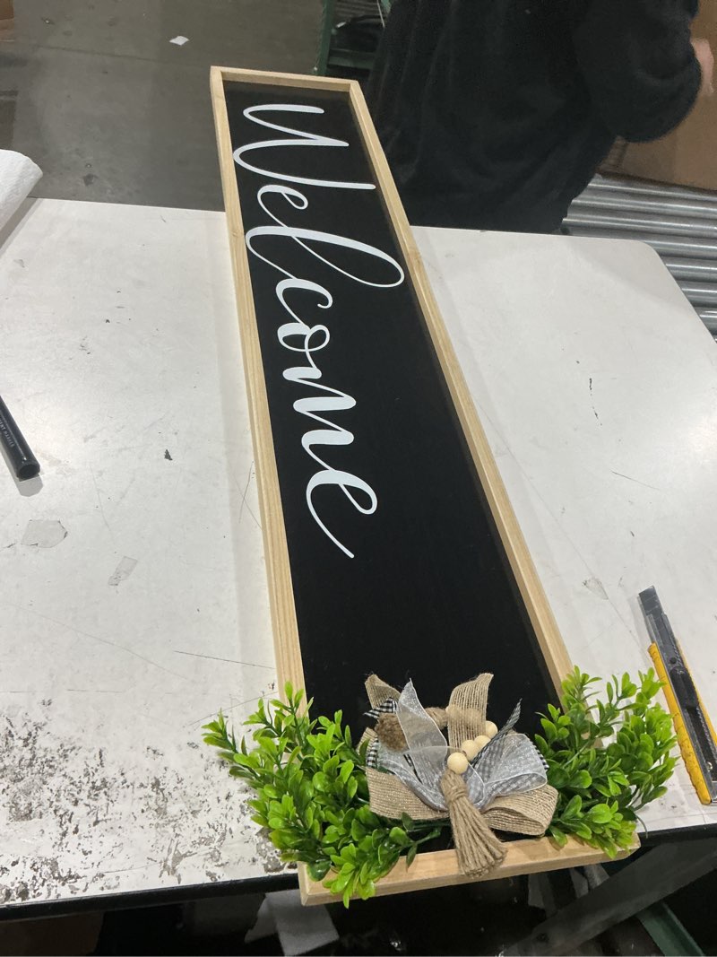 Condition photo showing Good Condition for welcome sign for front porch standing 45"x9" large outdoor decor rustic vertical leaner wood frame porch tall welcome signs for farmhouse outside front door decorations (wood black)