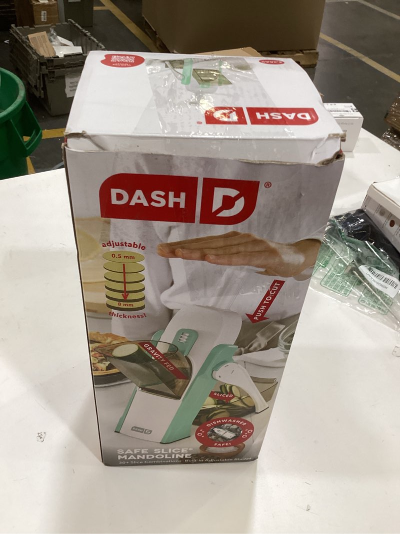 Condition photo showing As Is for dash safe slice® mandoline - compact, foldable food slicer - slice, dice, julienne & more - perfect for quick food prep - recipe guide included - aqua aqua 30+ presets