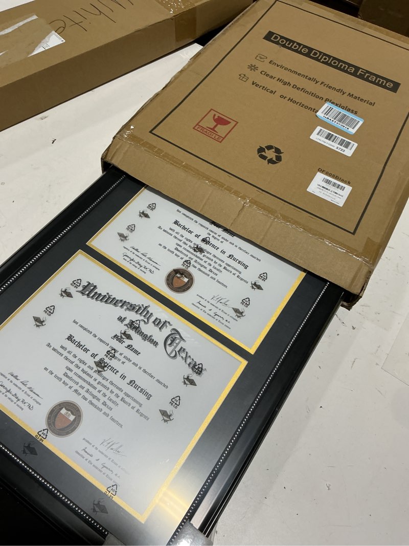 Condition photo showing New/Like New for graduationmall 14x20 double diploma frame, display 8.5x11 certificate with black over gold mat,tempered glass,black with silver beads black with silver beading double 8.5x11