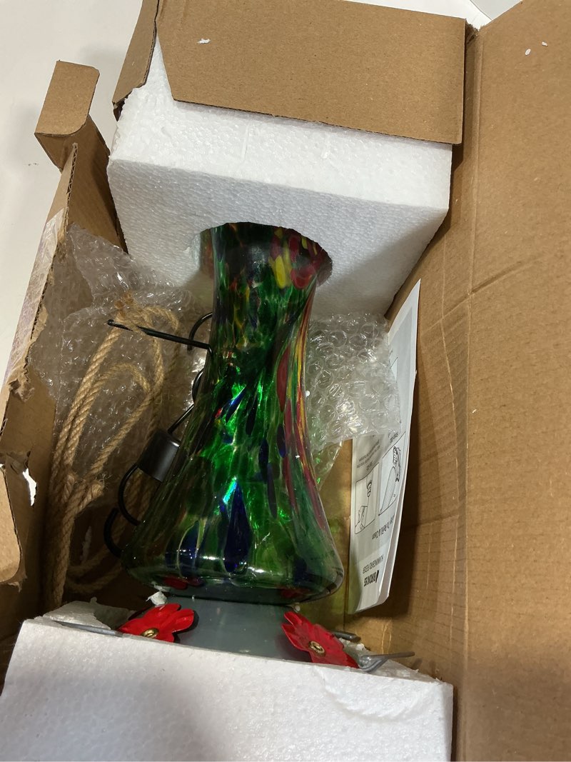 Condition photo showing New/Like New for glass hummingbird feeder for outdoors: leak proof hanging hummingbirds present for women - ant moat & hang hook included, metal base with 4 feeding ports & perch, 20 fluid oz, best garden decor green small