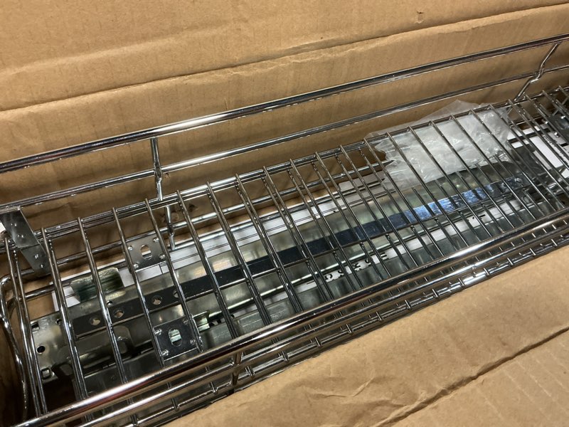Condition photo showing As Is for ocg slide out cabinet organizer for narrow cabinet (5" w x 21" d), 2 tier pull out shelves slim sliding cabinet organizer and storage, chrome 5w21d chrome plated