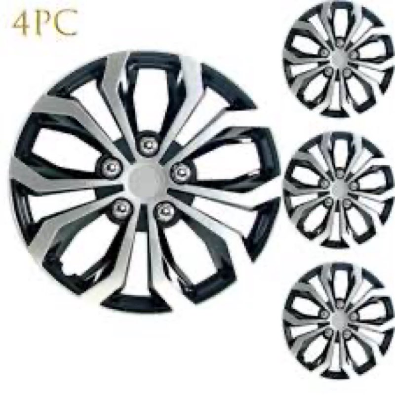 16\" Wheel Cover Hub Caps Rim Full Set Universal Black Silver ABS Plastic Snap On