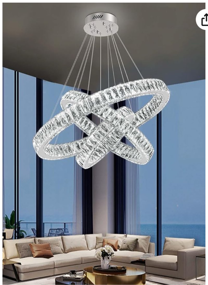 3 Rings Crystal Chandeliers 32"+24"+16" Crystal Ceiling Light Fixture Pendant Lighting Hanging Lamp for Living Room LED Dimmable 3000-6000K