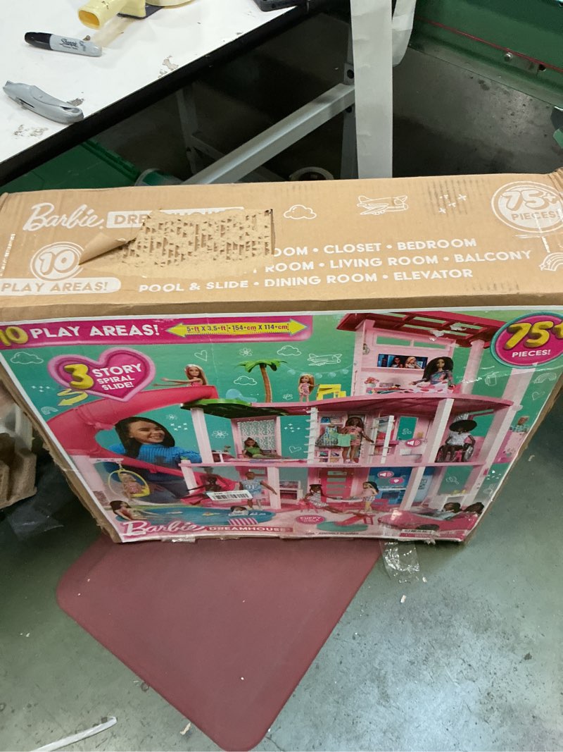 Condition photo showing New/Like New for Barbie Dreamhouse, Pool Party Doll House with 75+ Pieces and 3-Story Slide, House Playset, Pet Elevator and Puppy Play Areas