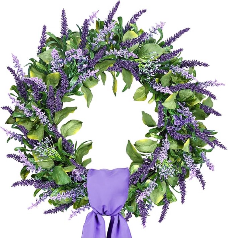 Petalyn 24 Inch Large Purple Lavender Wreath for Front Door, Artificial Summer Wreath with Eucalyptu
