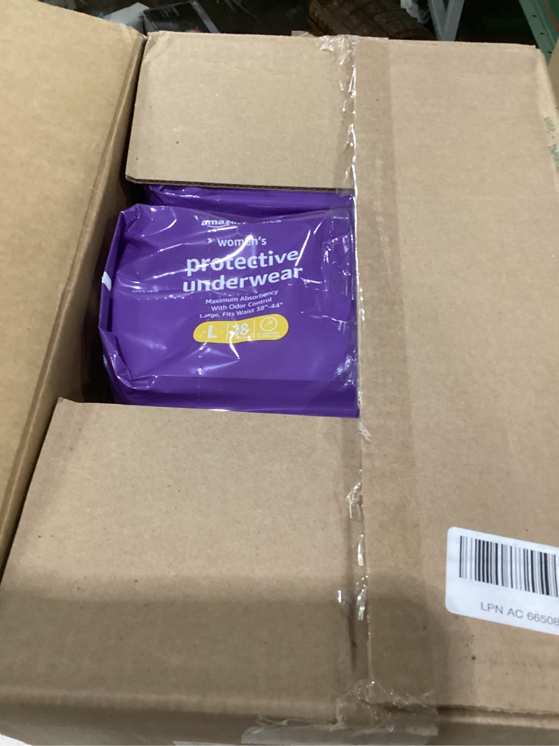 Condition photo showing New/Like New for amazon basics incontinence underwear for women, protective, disposable, postpartum, maximum absorbency, large, lavender, 54 count (3 packs of 18) large 54.0