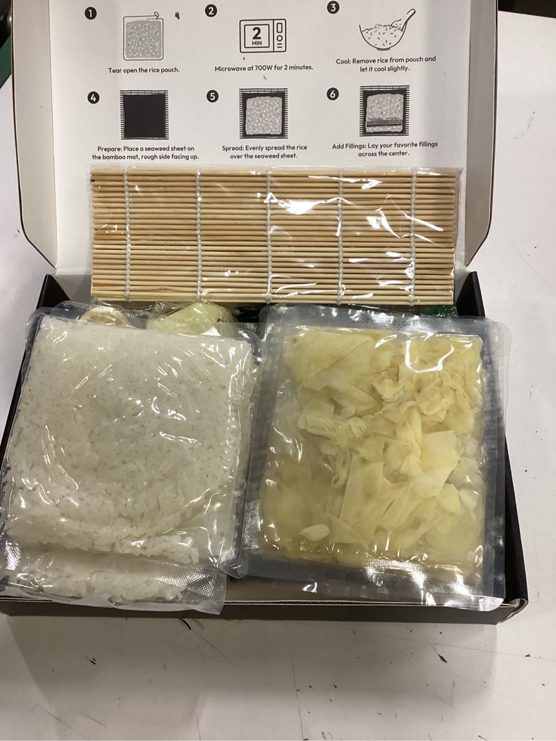 Condition photo showing New/Like New for (bbd jun /17/2027)yuho diy sushi ingredients kit with rolling mat foods making kit rice ginger seaweed nori wasabi soy sauce with molds sushi kit