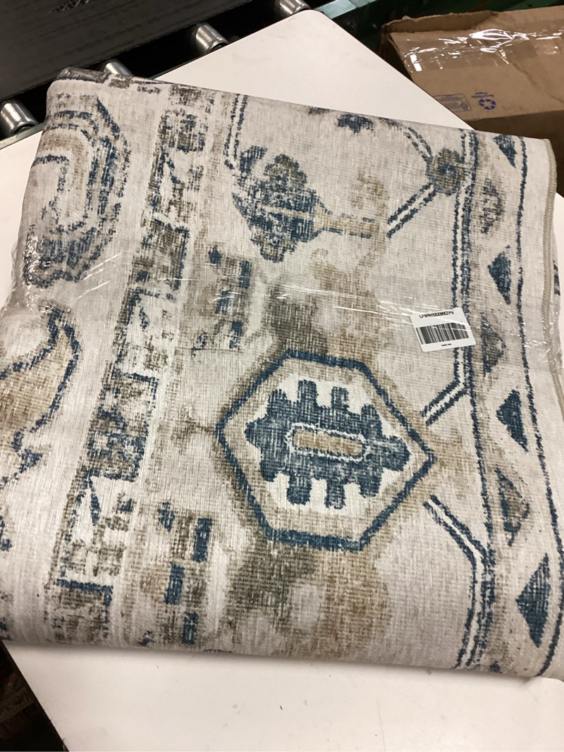 Condition photo showing As Is for jinchan Living Room Area Rugs 10x12 - Low Pile Washable Stain Resistant Vintage Large Boho Rug Ultra-Thin Non Slip Floral Print Distressed Carpet for Bedroom Dining Room Farmhouse (10x12ft,Blue) 10' x 12' (Light Weight) Border Blue