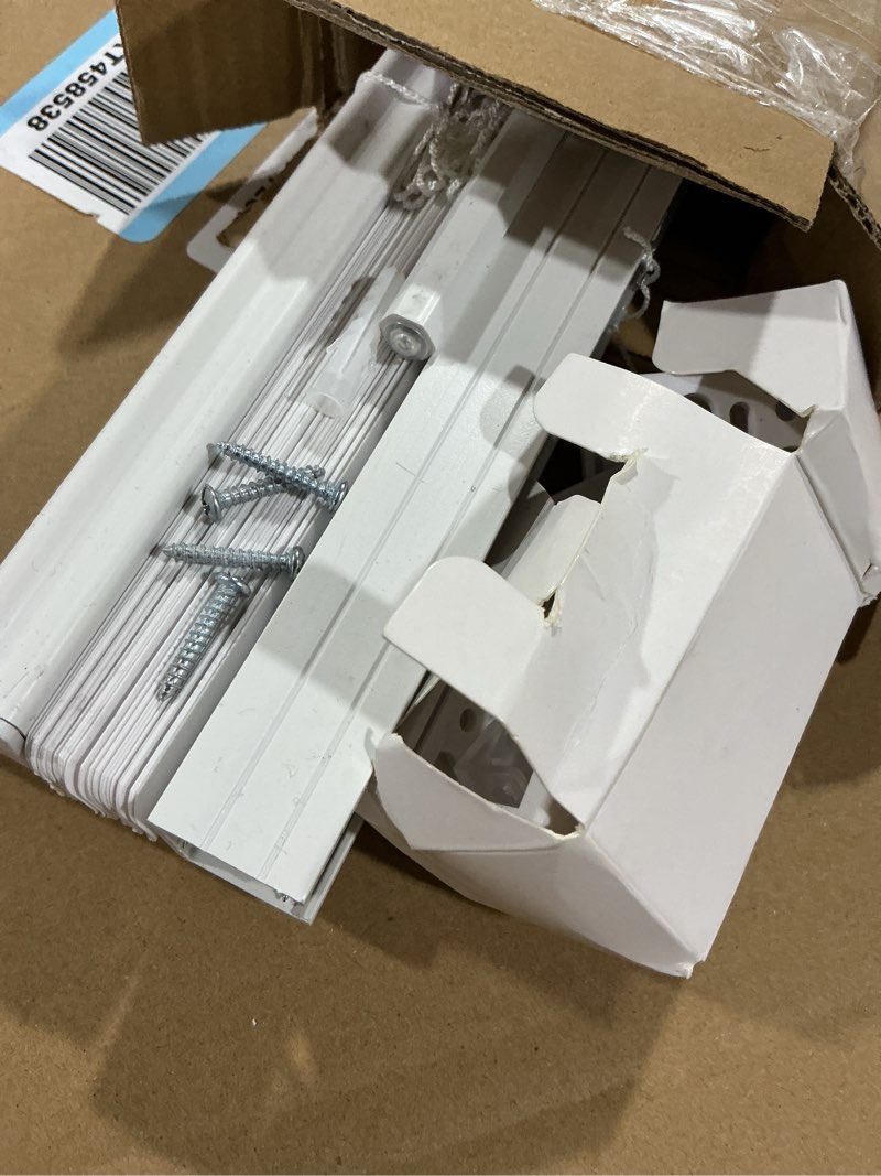 Condition photo showing Good Condition for 1" cordless mini blinds, white vinyl light filtering blinds, 23" w x 36" h, ideal for indoor windows, office, kitchen, bathroom & living room 23"w x 36"h