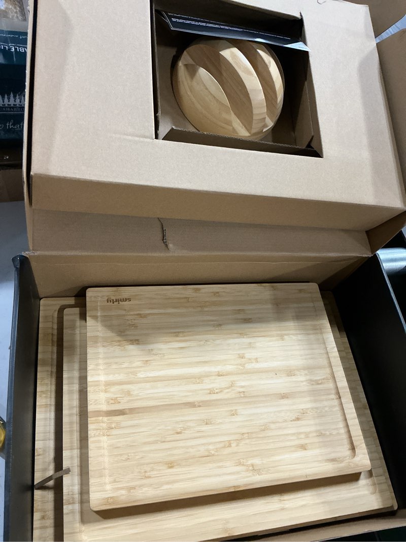 Condition photo showing New/Like New for smirly wooden cutting boards for kitchen meal prep & serving - bamboo cutting board set with holder, charcuterie & chopping board, wood cutting board set, kitchen gadgets 3 pack with holder natural bamboo