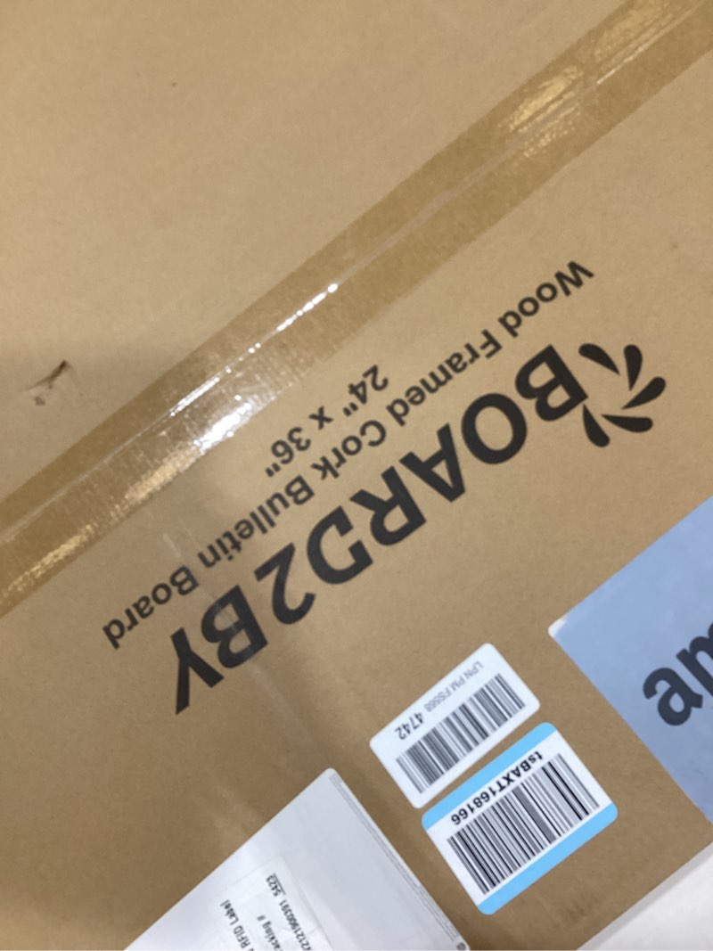 Condition photo showing New/Like New for Board2by Cork Board Bulletin Board 24 x 36, Wood Framed Corkboards for Wall Decor, Hanging Office Message Board, Large Wall Mounted Notice Pin Board with 15 Push Pins for School, Home & Office 1 Pack 24" x 36"