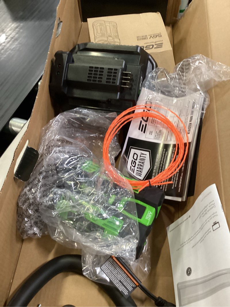 Condition photo showing As Is for incomplete  ego powerload 56-volt 15-in telescopic shaft battery string trimmer 2.5 ah (battery and charger included)
