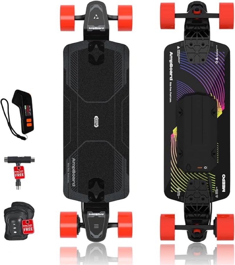meepo ampboard electric skateboard - ultra-lightweight 33.74" drop-through deck, 14mph max, 9 miles range, for beginners & commuters protective gear & m6c color remote