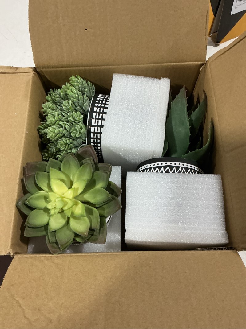 Condition photo showing Good Condition for winlyn set of 3 assorted small potted succulents arrangement artificial succulent plants in black and white geometric pots for table centerpiece windowsill shelf indoor outdoor garden greenery decor