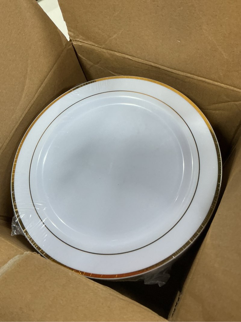 Condition photo showing New/Like New for beststar 100pcs white plastic plates for party, 10.25 inch disposable plates with gold rim, heavy duty dinner plates for party, wedding and birthday white gold 10.25 inch
