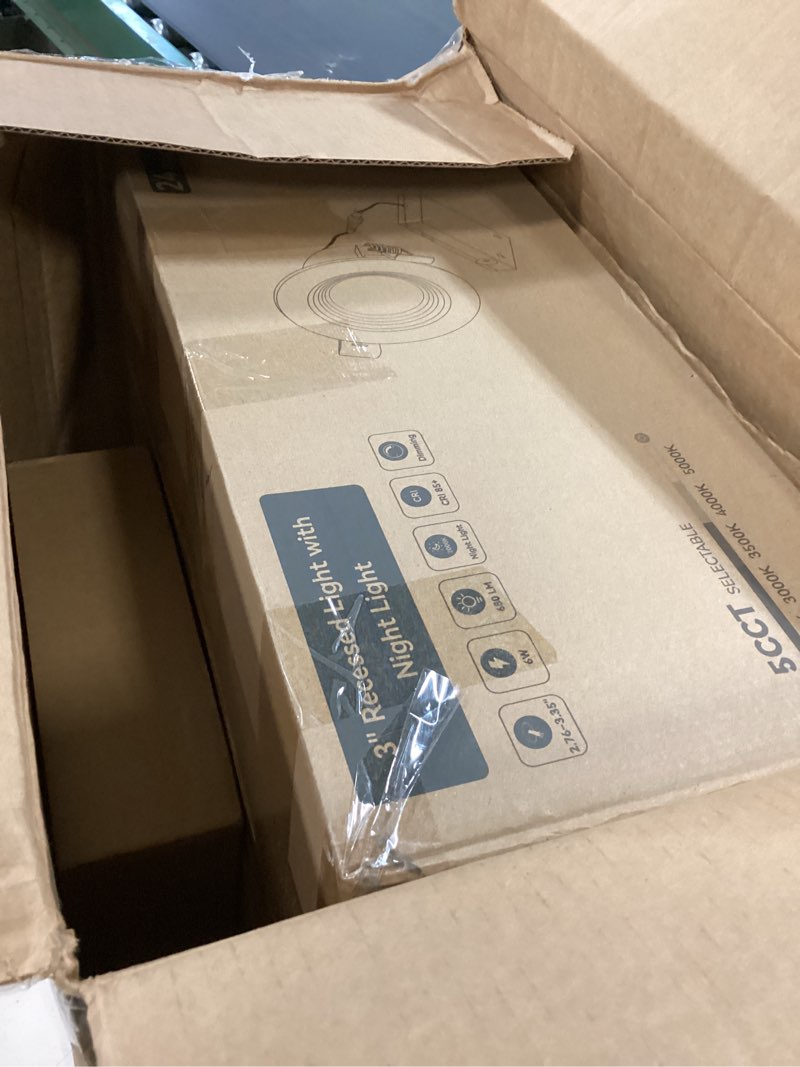 Condition photo showing New/Like New for 24-Pack 3 Inch Anti-Glare Recessed LED Downlight with Night Light, Deep Baffle Design, Dimmable, 2700K-5000K 5CCT Selectable, with Junction Box, Canless, 680lm, ETL Listed, White White 3 Inch -24 Pack