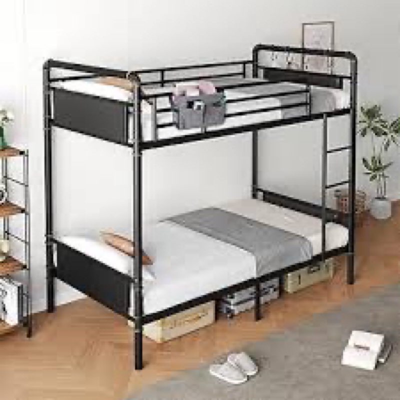 metal bunk bed twin over twin, industrial bunkbeds heavy duty bed with safety guard rails and space-saving design, steel bed for school, bedroom (black)