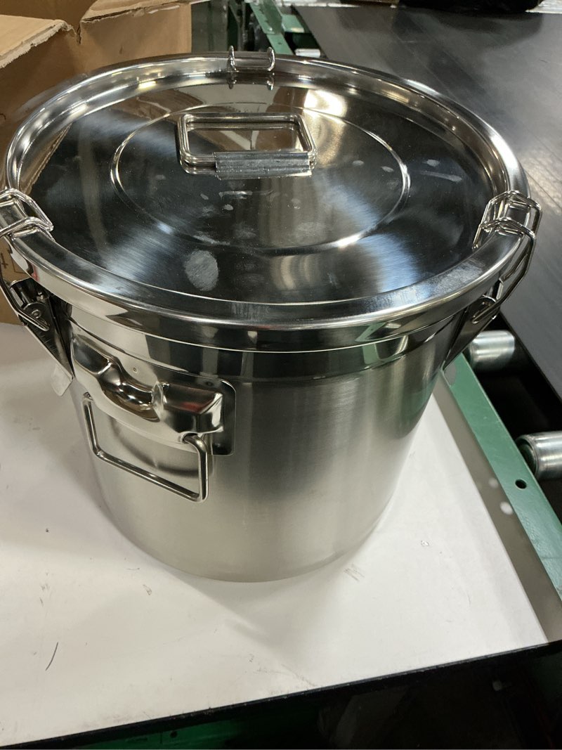 Condition photo showing Good Condition for 304 Stainless Steel Airtight Canister for Kitchen, 5.5Gal Canisters Container with Lids and Sturdy Locking Clamp,Bucket Food Storage Containers Airtight for Flour Coffee Bean Tea (21L)