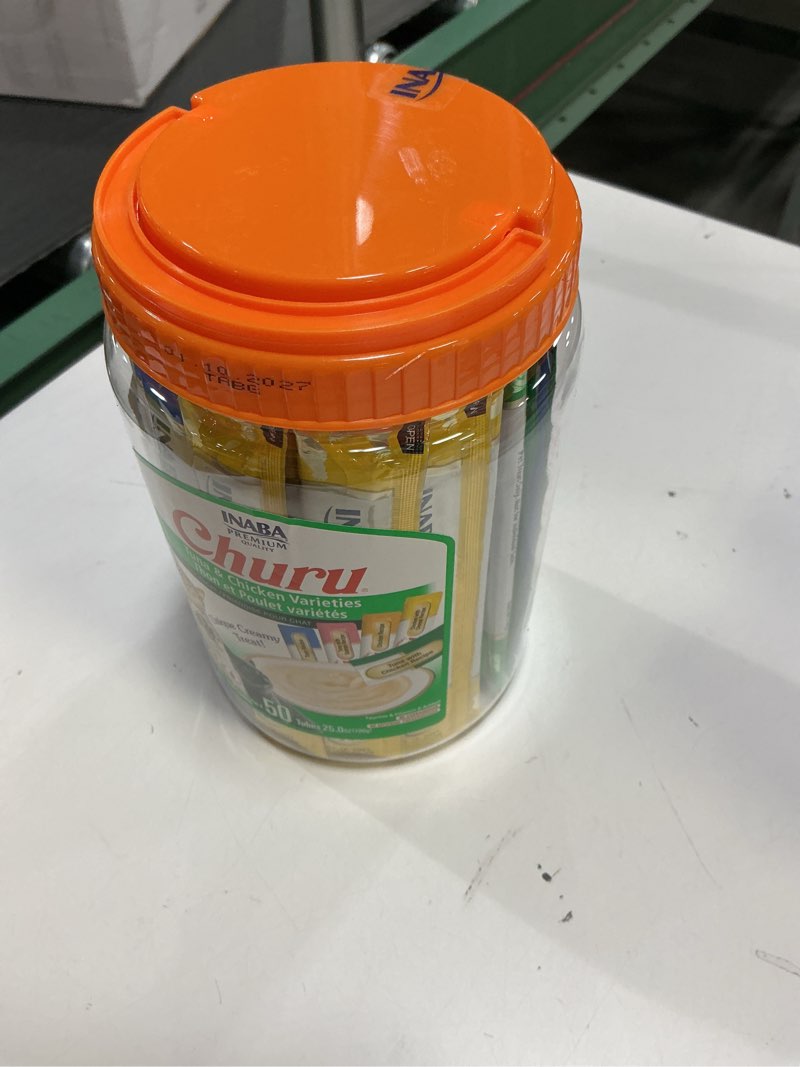 Condition photo showing New/Like New for Best by 10_2027)INABA Churu Cat Treats, Grain-Free, Lickable, Squeezable Creamy Purée Cat Treat/Topper with Vitamin E & Taurine, 0.5 Ounces Each Tube, 50 Tubes, Tuna & Chicken Variety Tuna and Chicken Variety 0.5 Ounce (Pack of 50)