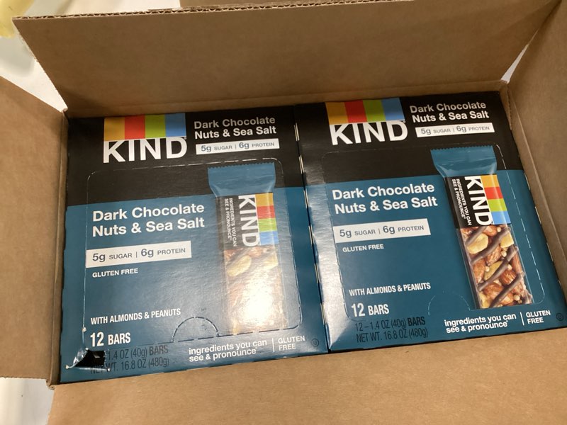 Condition photo showing New/Like New for KIND Nut Bars, Dark Chocolate Nuts and Sea Salt, Healthy Snacks, Gluten Free, Low Sugar, 6g Protein, 12 Count Dark Chocolate Nuts & Sea Salt