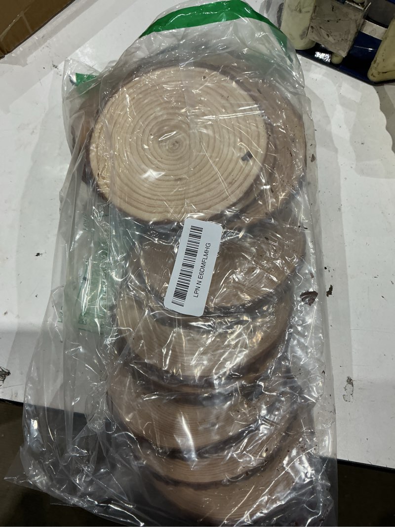 Condition photo showing Good Condition for fswcck 17 pcs unfinished wood slices for centerpieces - 5.1-5.5 inch,round natural discs with tree bark, wooden cookies circles for crafts christmas ornaments, rustic wedding decor,table decoration 17 pcs 5.1"-5.5"