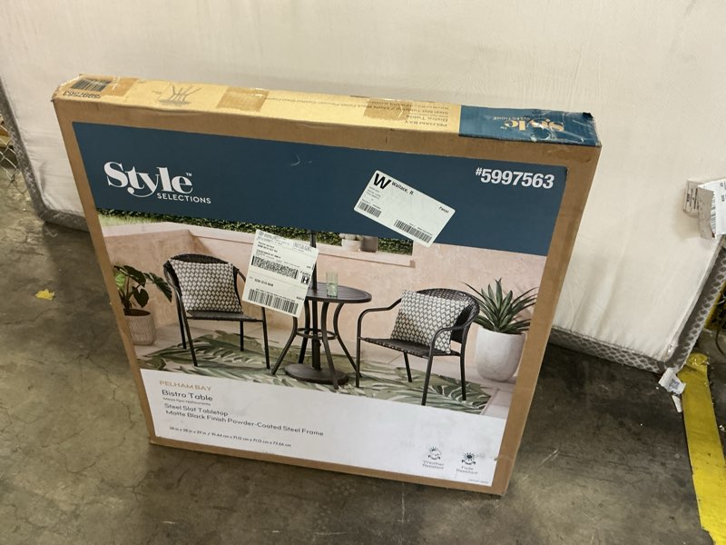 Condition photo showing New/Like New for style selections pelham bay round outdoor bistro table 28-in w x 28-in l with umbrella hole