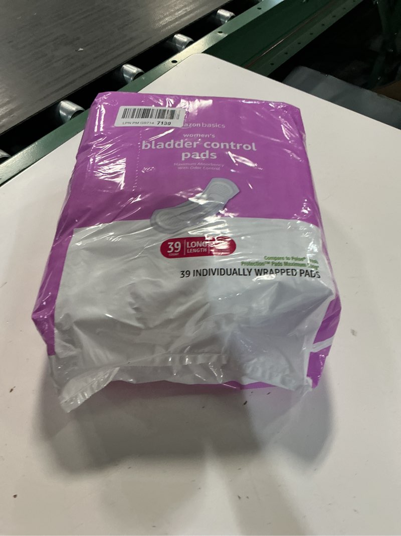 Condition photo showing Good Condition for 1pack amazon basics incontinence pads for women, postpartum, long, maximum absorbency, bladder control, unscented, 39 count maximum (39 count) 39
