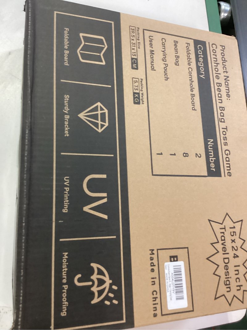 Condition photo showing New/Like New for Portable Cornhole Board Set 2x1.3ft | 24"x16": Cornhole Set Outdoor Backyard Corn Hole Toss Game for Party Beach | 2 Foldable Wooden Corn Hole Boards, 8 Bean Bags, 1 Carrying Bag Football Theme