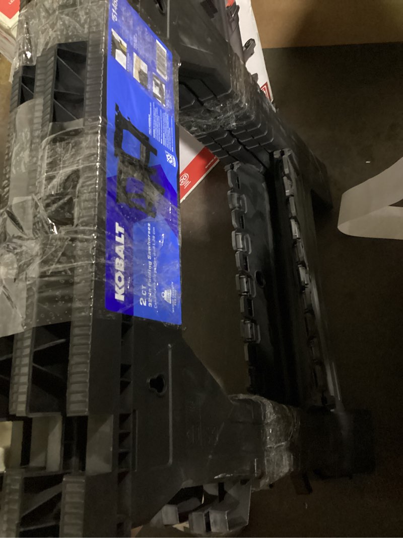 Condition photo showing Good Condition for could be missing pieces..kobalt 2-pack 27-in w x 32-in h plastic saw horse (1000-lb capacity)
